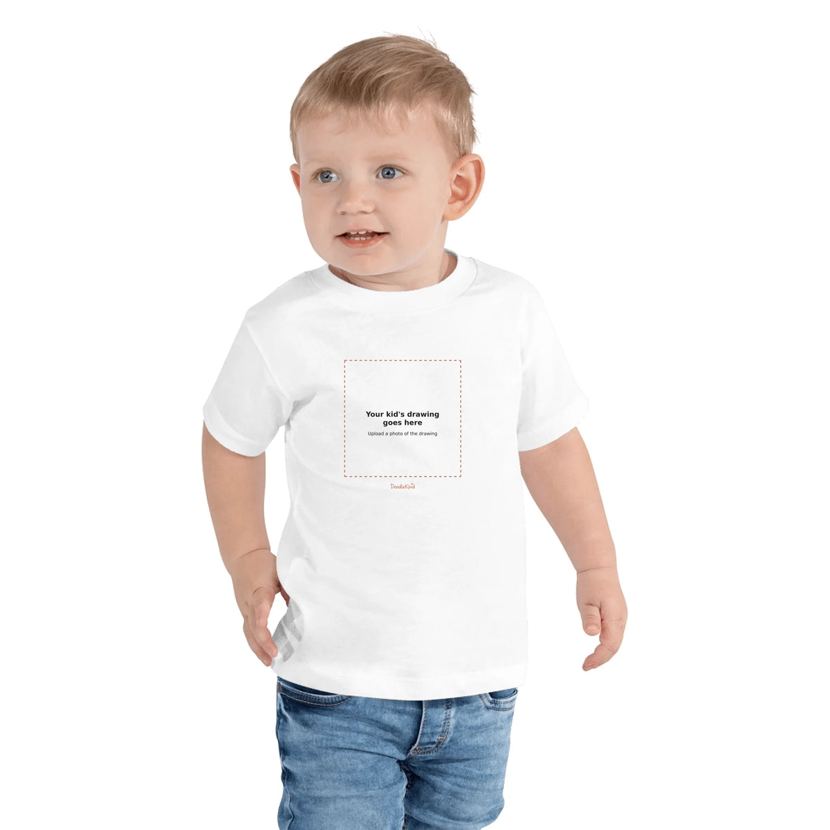 Toddler tee mockup with the upload placeholder: your kid's drawing goes here.