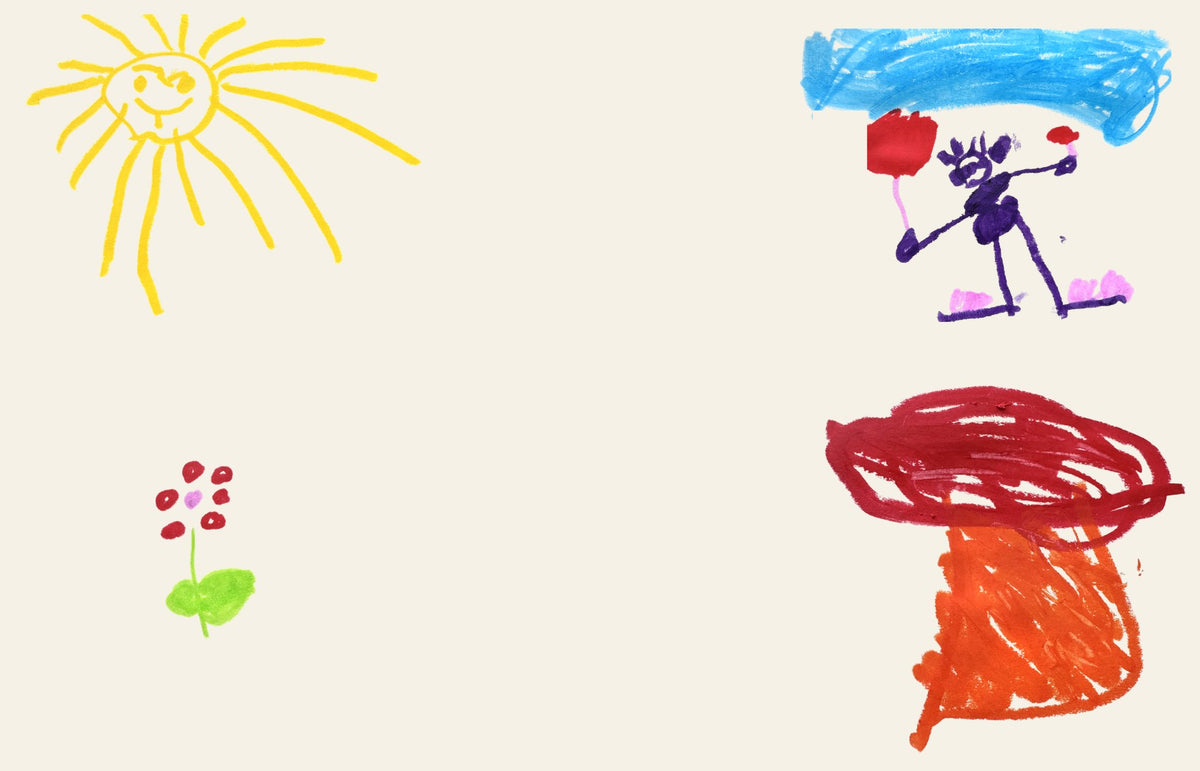 Four original drawings by Allie, age 4: a smiling sun, a flower, a flying figure, and a swirl, on cream.
